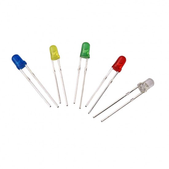 100Pcs (20pcs Each Color) 3mm 5 Color White Yellow Red Green Blue Diffused Color Lens LED Light Bulb Lamp Light Emitting Diode Assorted DC 1.5V - 3V for DIY Projects