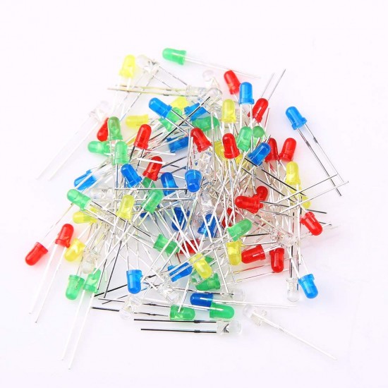 100Pcs (20pcs Each Color) 3mm 5 Color White Yellow Red Green Blue Diffused Color Lens LED Light Bulb Lamp Light Emitting Diode Assorted DC 1.5V - 3V for DIY Projects