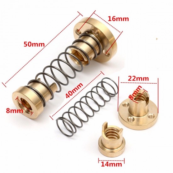 1Pcs 100mm (0.1mtr) Trapezoidal lead screw T8 8mm pitch 2mm lead 8 TR8 + Anti backlash spring loaded brass nut for 3D Printer CNC Robotics