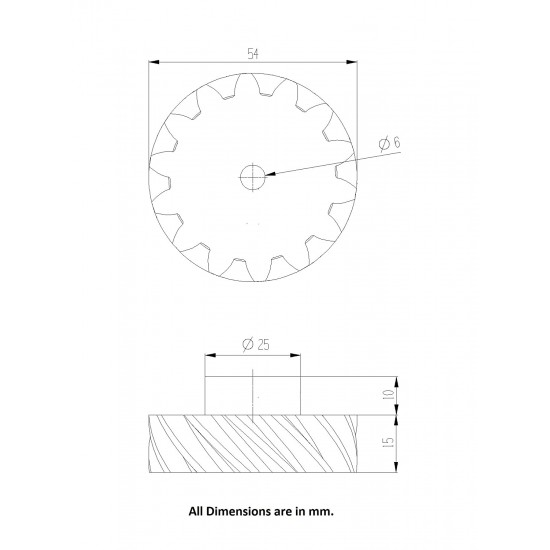 1pcs 3D Printed Right Helical Plastic Spur Gear 14 Teeth, 54mm dia, 15mm Width, 6mm hole, 45 degree Helix for DIY Projects