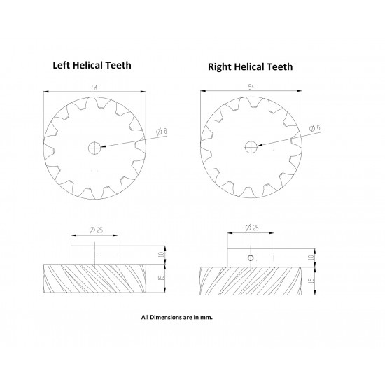 1 Pair 3D Printed Helical Plastic Spur Gear 14 Teeth, 54mm dia, 15mm Width, 6mm hole, 45 degree Helix for DIY Projects