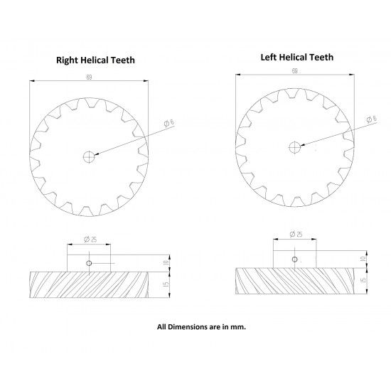 1 Pair 3D Printed Helical Plastic Spur Gear 18 Teeth, 69mm dia, 15mm Width, 6mm hole, 45 degree Helix for DIY Projects