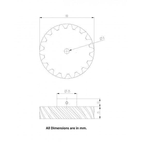 1pcs 3D Printed Left Helical Plastic Spur Gear 18 Teeth, 69mm dia, 15mm Width, 6mm hole, 45 degree Helix for DIY Projects