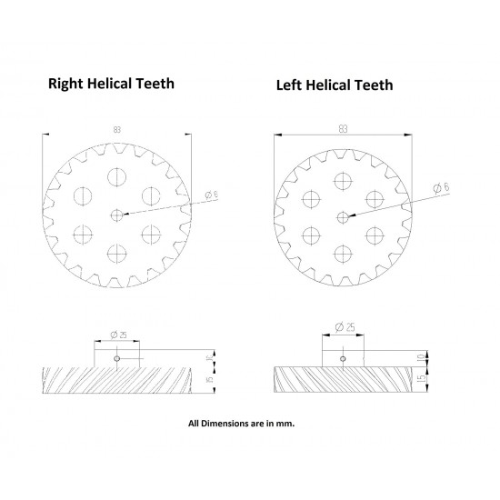 1 Pair 3D Printed Helical Plastic Spur Gear 22 Teeth, 83mm dia, 15mm Width, 6mm hole, 45 degree Helix for DIY Projects