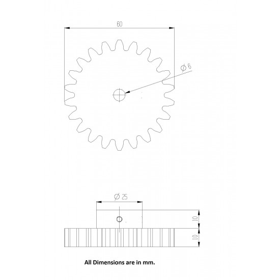 1pcs 3D Printed Plastic Spur Gear 22 Teeth, 60mm dia, 10mm Width, 6mm hole for DIY Projects