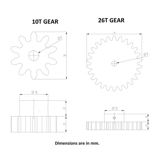 1pcs 3D Printed Plastic Spur Gear 10 Teeth (30mm dia) + 26 Teeth (70mm dia), 10mm Width, 6mm hole for DIY Projects