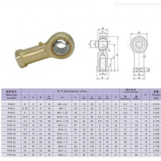 1pcs PHS20 L 20mm Left Hand Thread Male Rod End Deep Groove Radial Ball Bearing